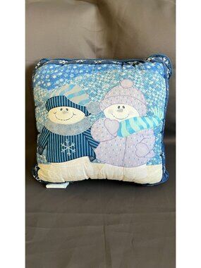 Snowman-Printed Decorative Pillow With Blue Backing And Winter-Themed Design - S